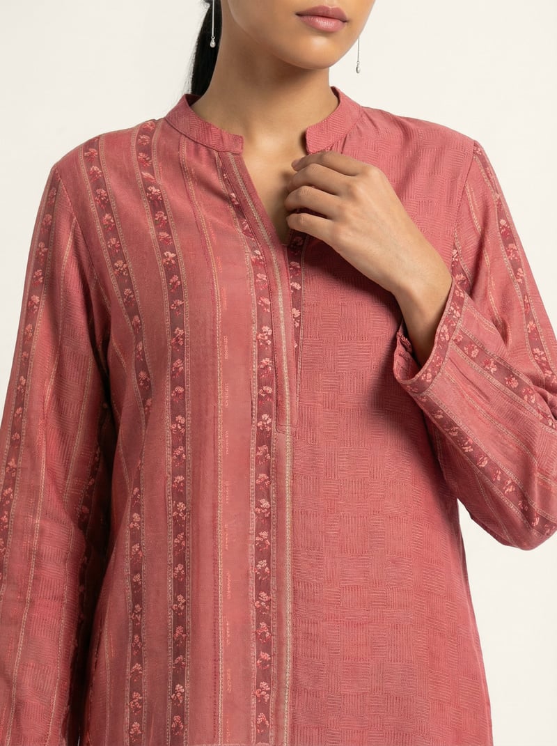 Pink Muslin Silk Striped Printed Long Tunic