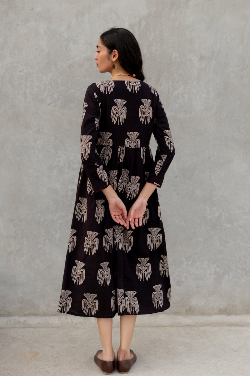 Black Block Print Fit and Flare Maxi Dress