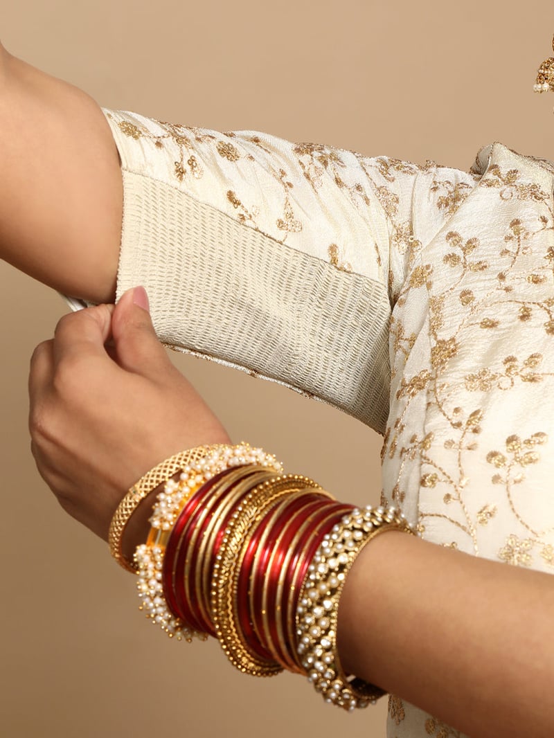 Cream and Gold Embroidered Round Neck Saree Blouse