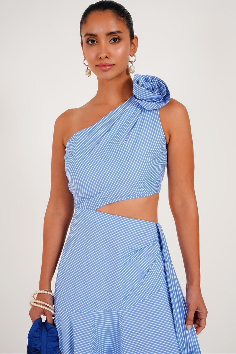 Blue Striped One-Shoulder Cut-Out Midi Dress