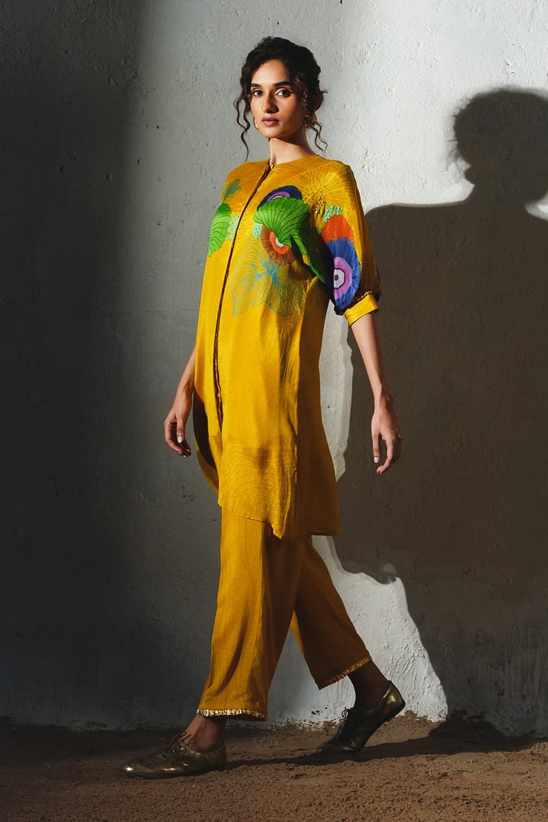 Yellow Printed Straight Kurta Set with Keyhole Neck
