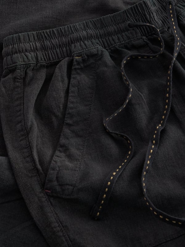 Pure Black Linen Blend Drawstring Tapered Trousers