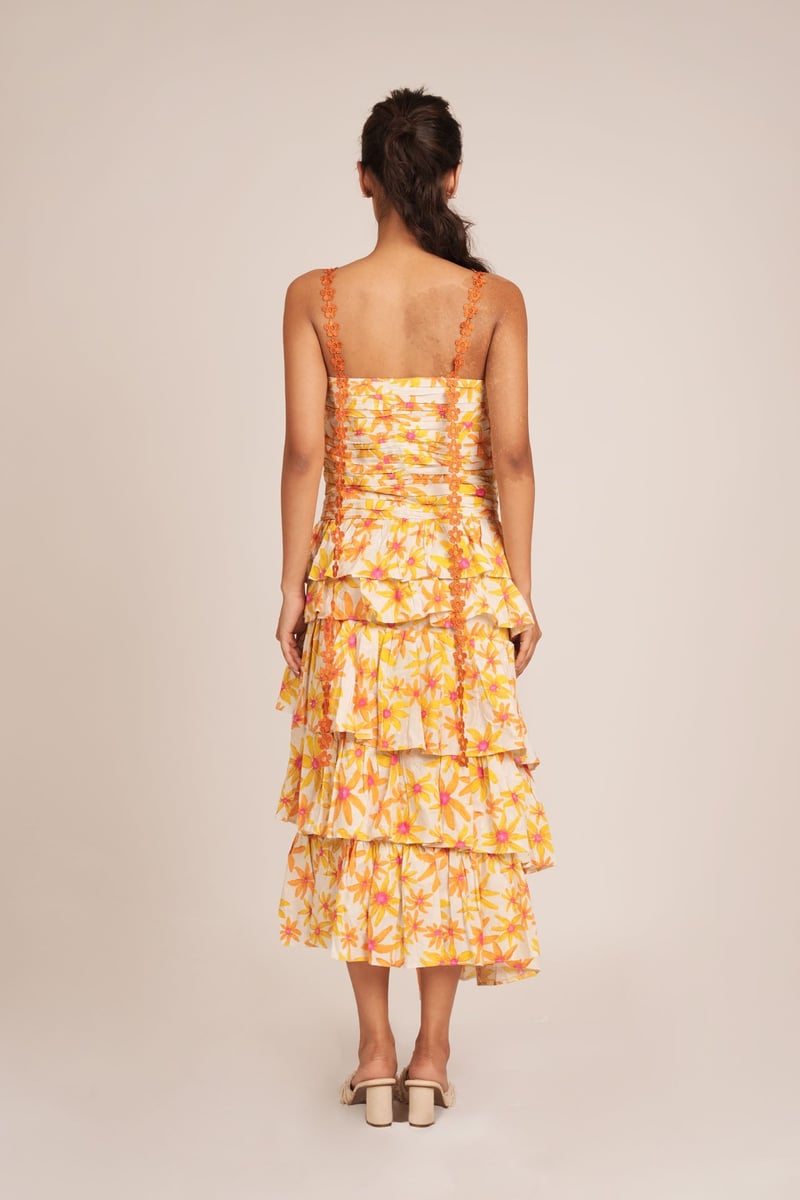 Layered Floral Print Ruched Bodice Tiered Midi Dress