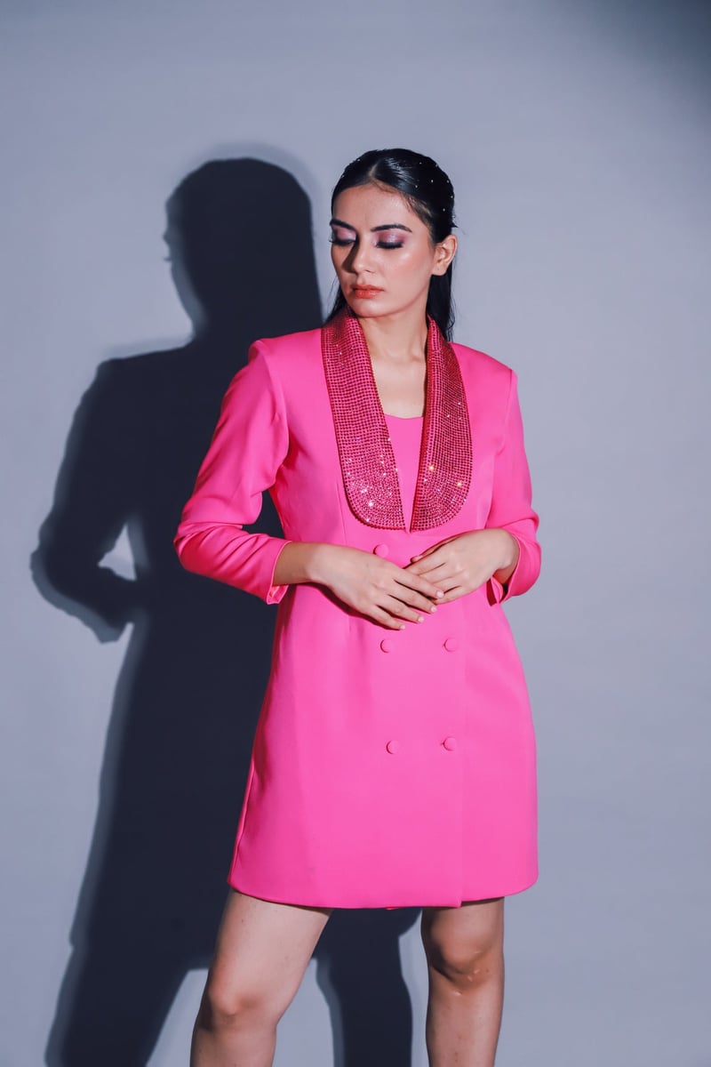 Fuschia Embellished Lapel Blazer Mini Dress