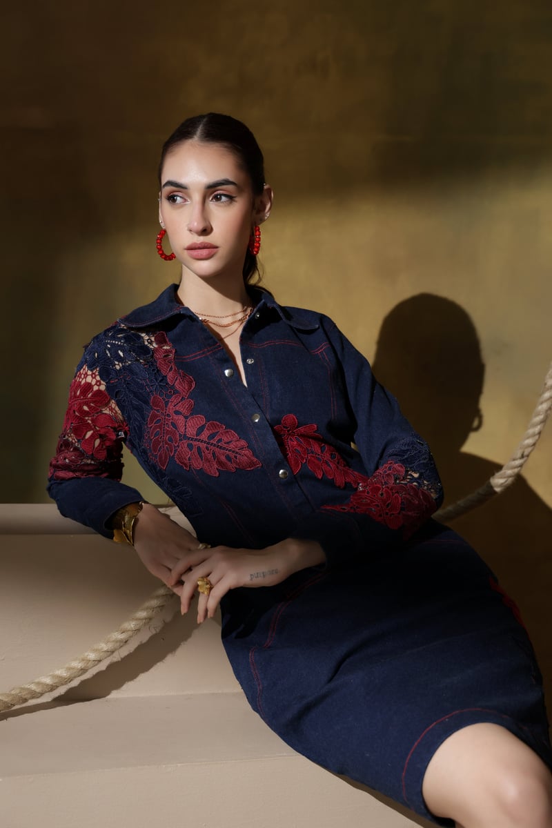 Dark Denim Belted Shirt Dress with Lace Panels