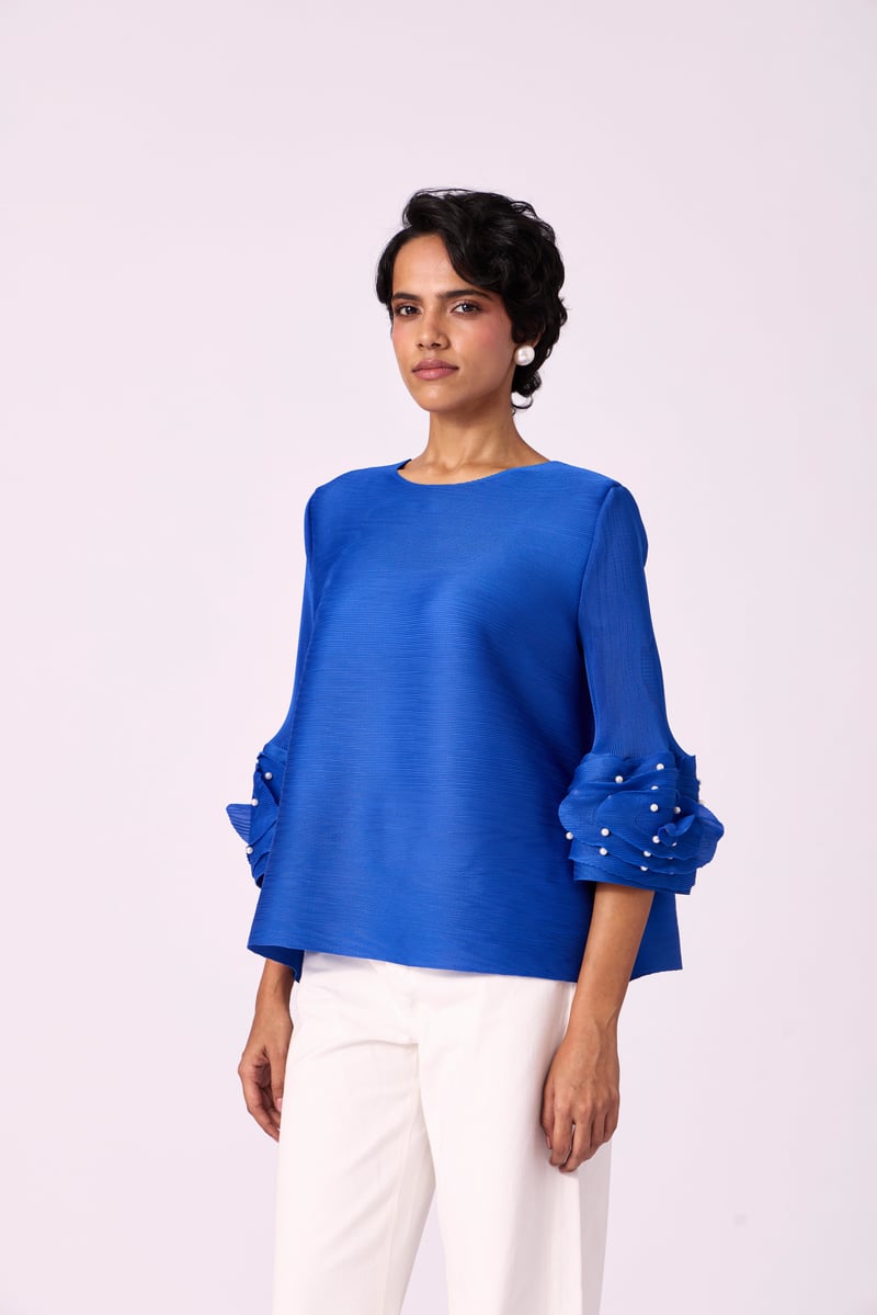Azure Blue Pleated Top with Pearl Applique Sleeves