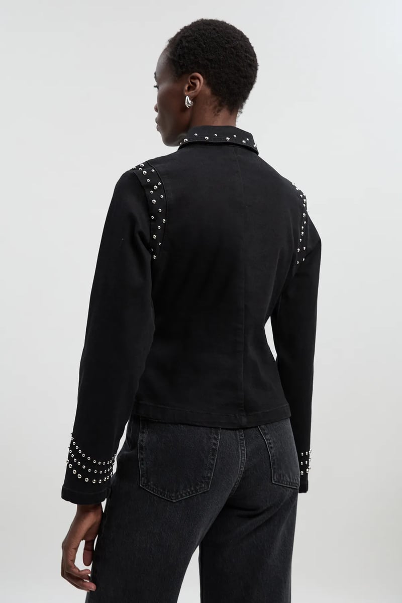 Black Studded Zip-Up Collared Jacket