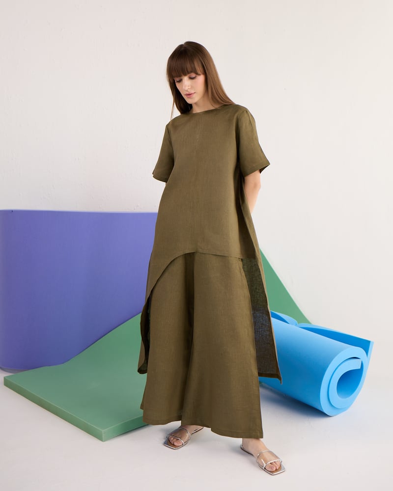 Pine Green Linen Co-ord Set with Asymmetric Tunic Top