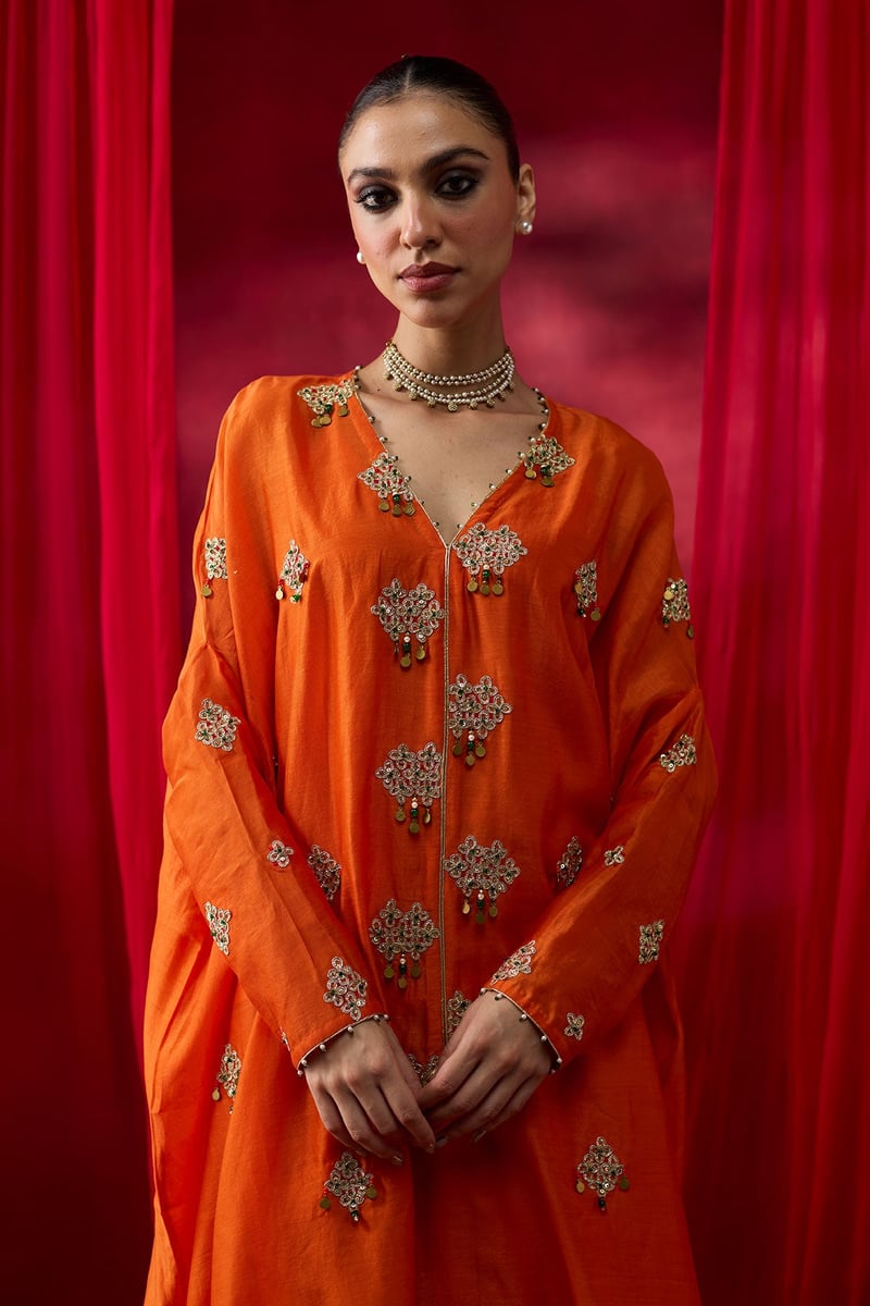 Orange Silk Chanderi Embroidered Kaftan Set