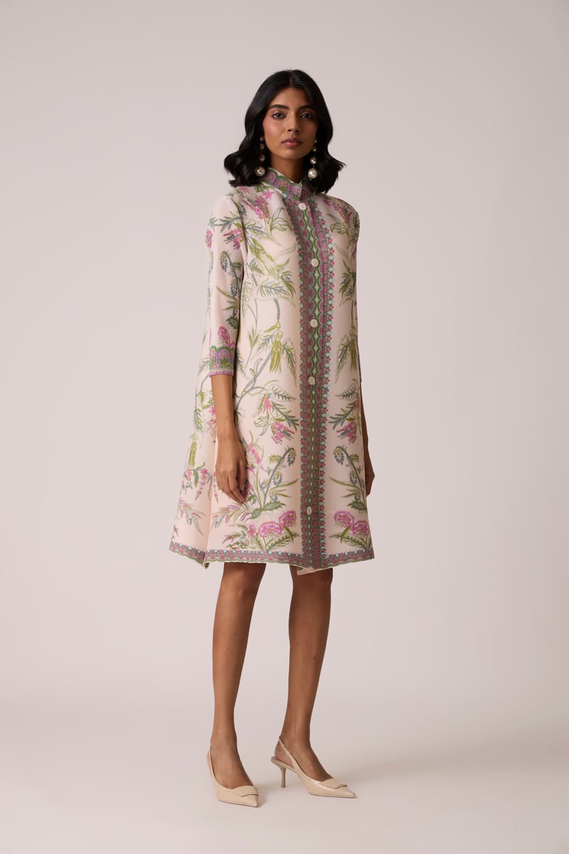 Blush Pink Floral Pleated Tunic Dress with Button Front