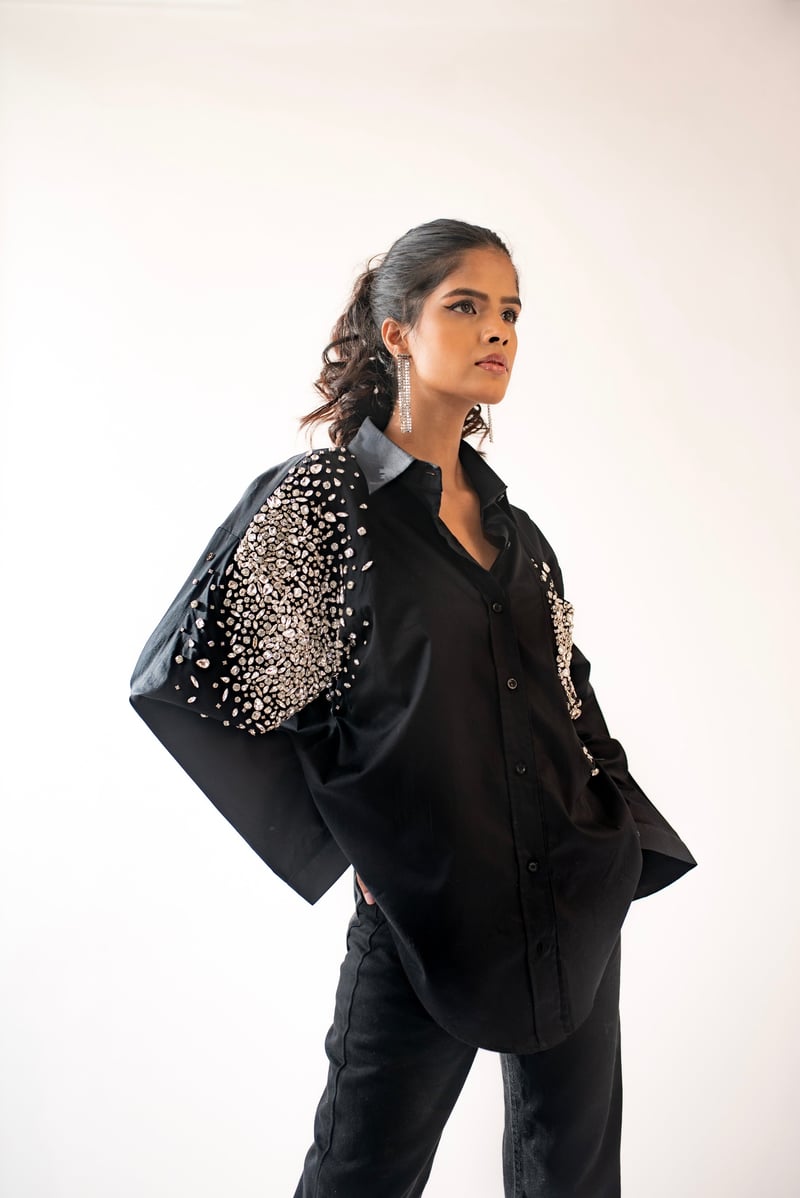 Black Embellished Long Sleeve Button-Down Shirt