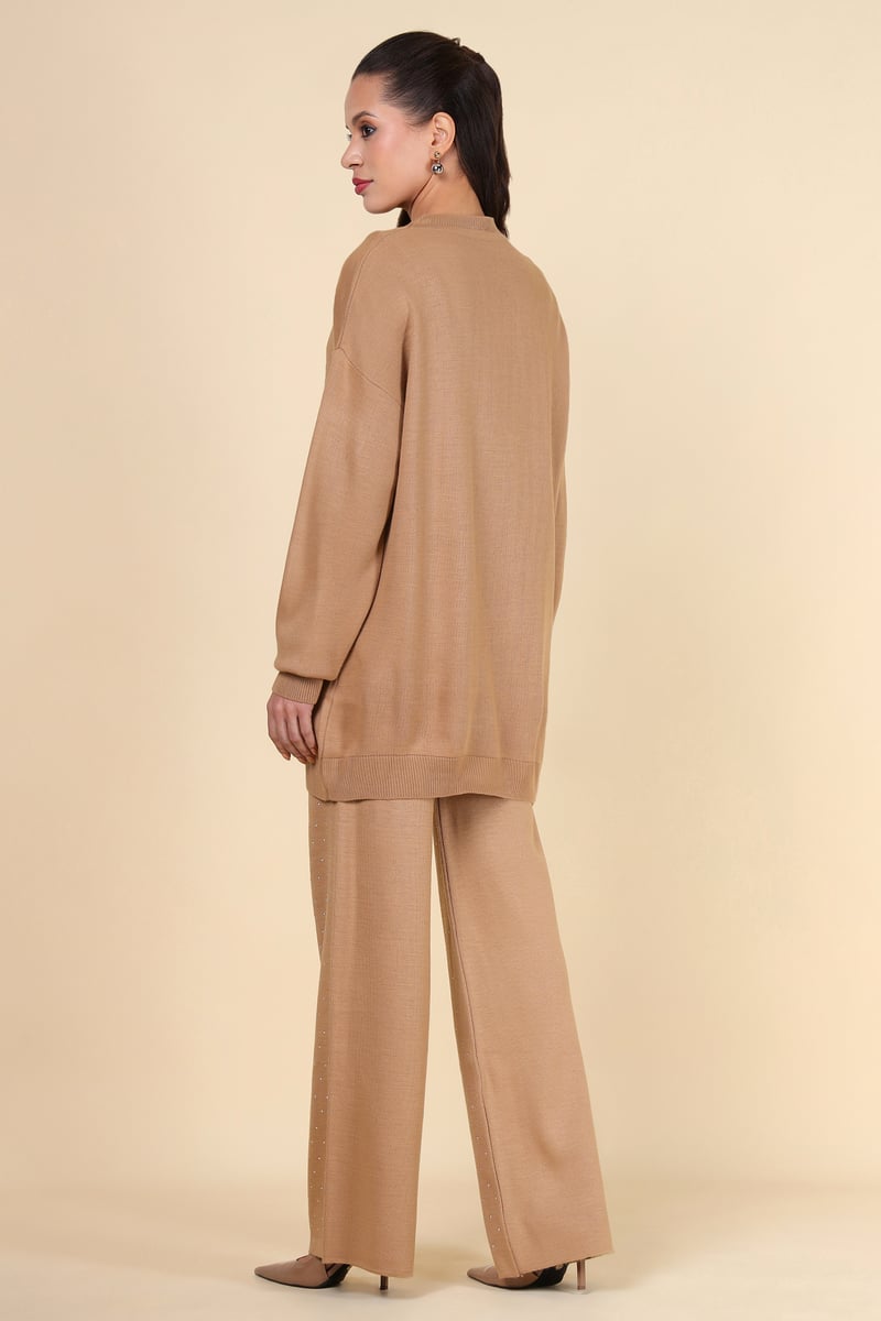 Brown Studded Knit Top and Wide-Leg Pants Co-ord Set