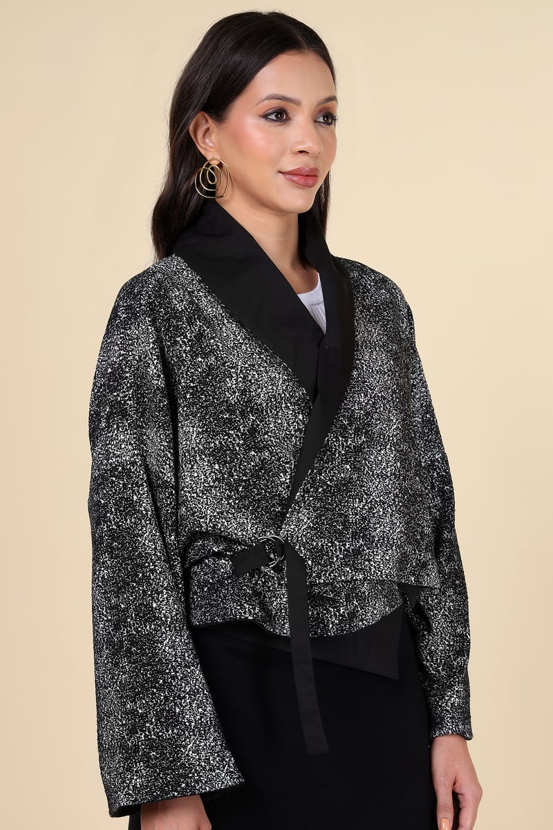 Black/Grey Cropped Wrap Jacket with Lapel Collar