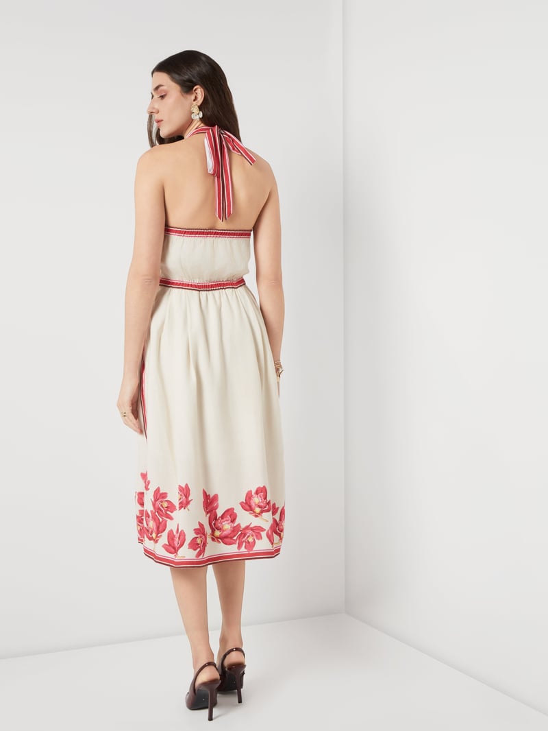 Cream/Pink Floral Halter Fit and Flare Midi Dress