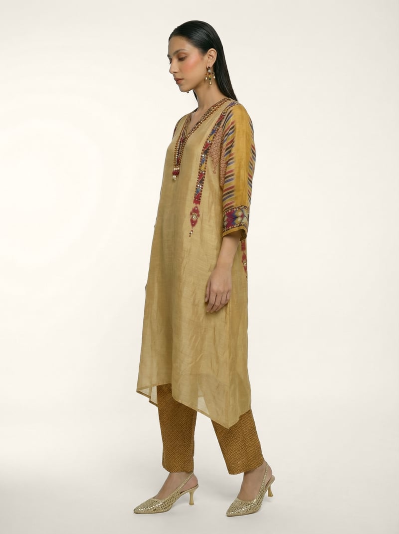 Beige Muslin Silk Printed Kurta Set with Embellished Placket