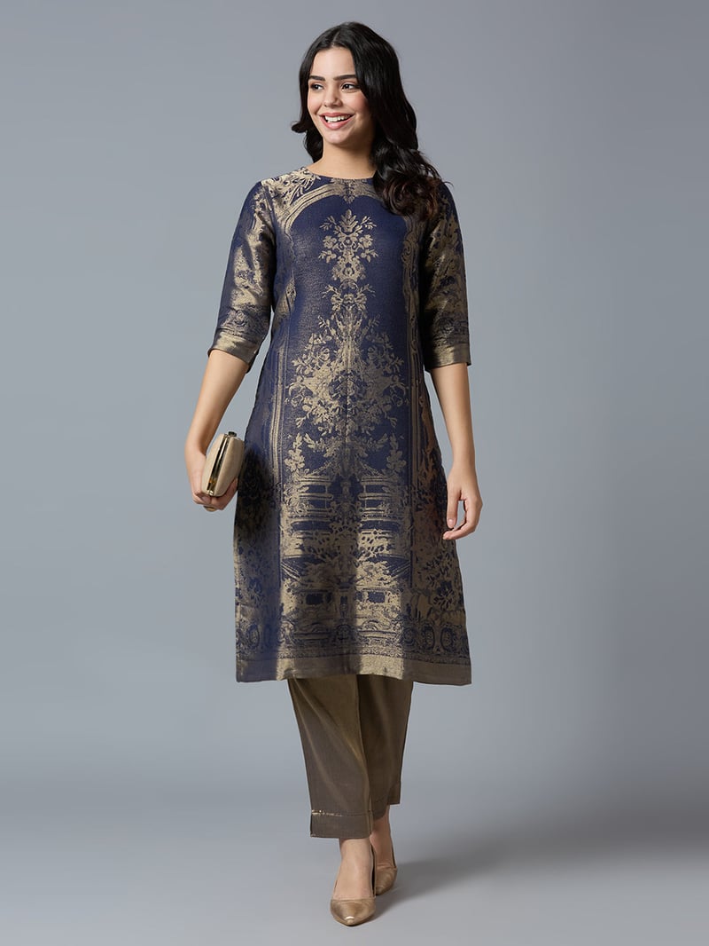 Navy/Gold Brocade Straight Kurta with 3/4 Sleeves