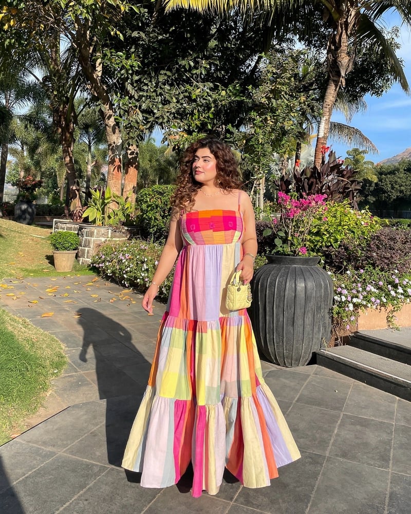 Multicolor Colorblocked Tiered Maxi Dress with Square Neck