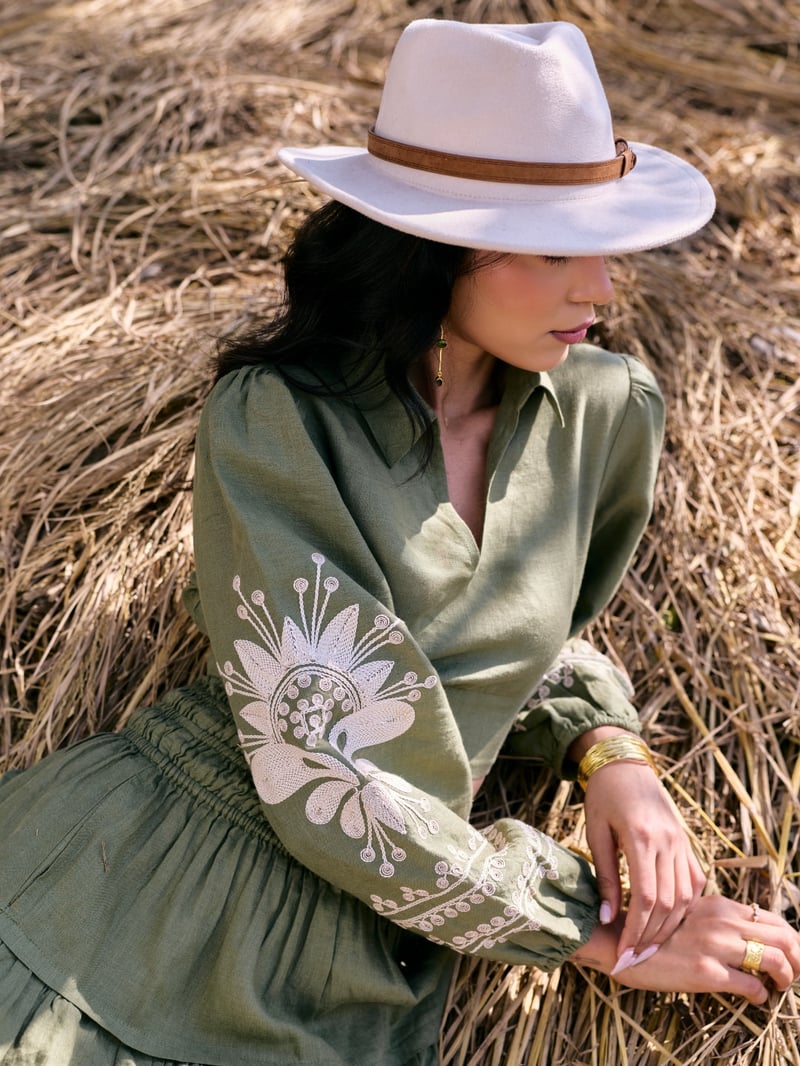 Green Linen Crop Top with Embroidered Sleeves