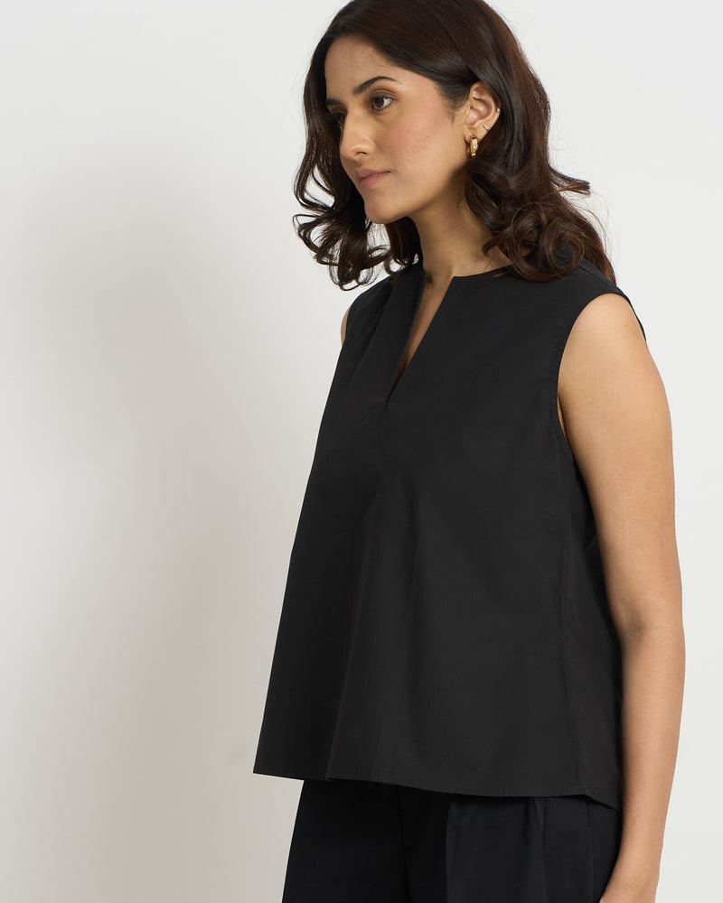 Black Cotton Notch-Neck Relaxed A-Line Sleeveless Top