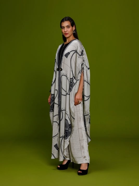 Ivory Abstract Print Kaftan and Wide-Leg Pant Co-ord Set
