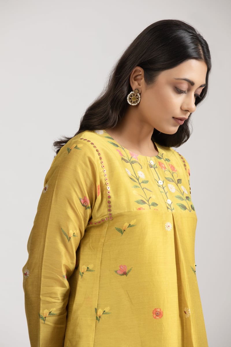 Mustard Yellow Silk Chanderi Floral Kurta Set (Set of 3)