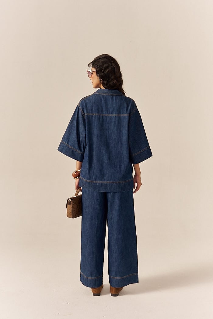 Blue Denim Shirt and Flared Pants Co-ord Set