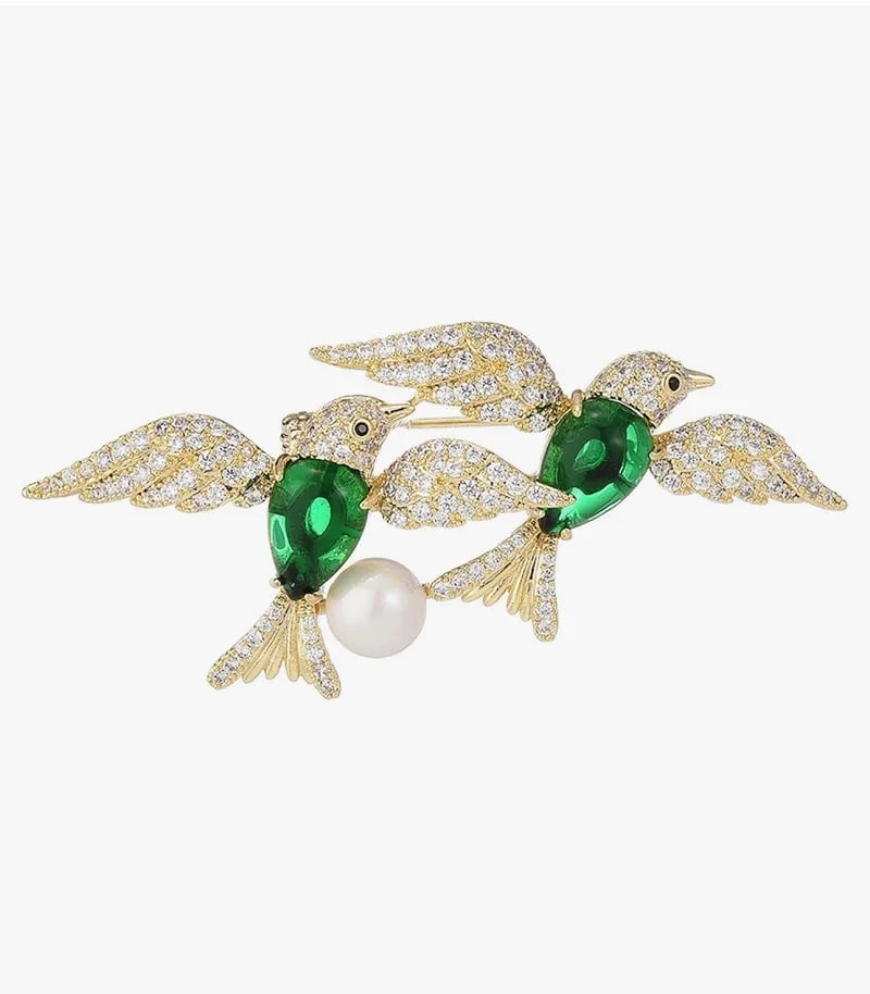 Twin Emerald Lovebird Brooch