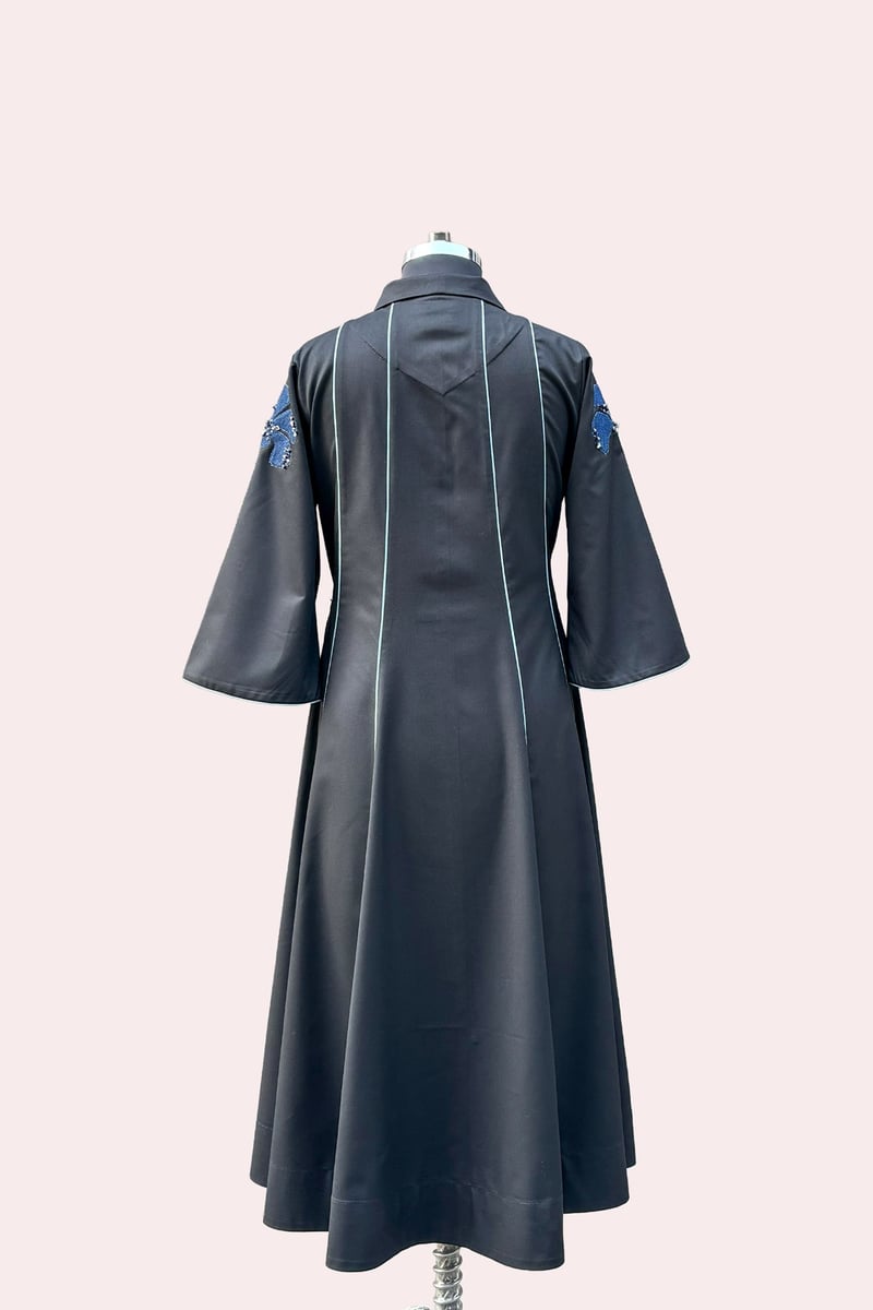 Black Suiting Midi Dress with Blue Floral Embroidery