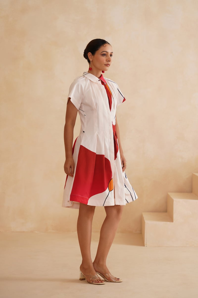 White/Red Abstract Print Mini Shirt Dress