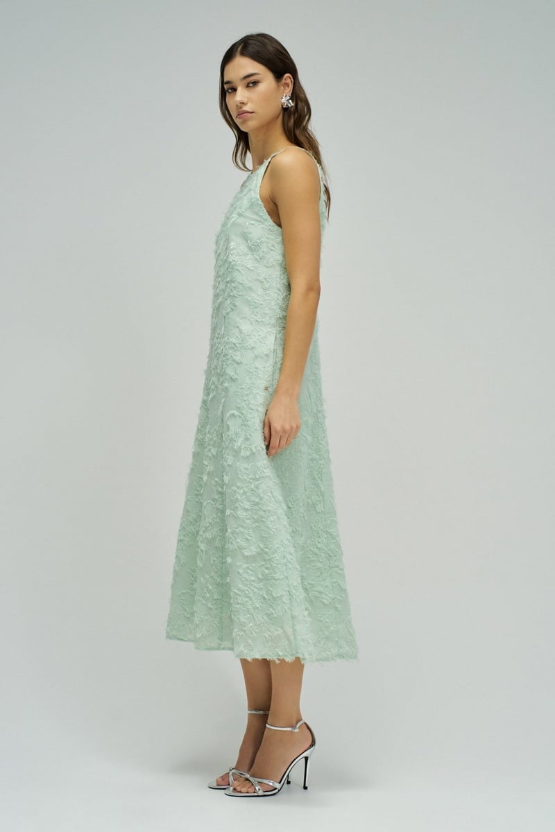Light Green Textured High Neck A-Line Midi Dress