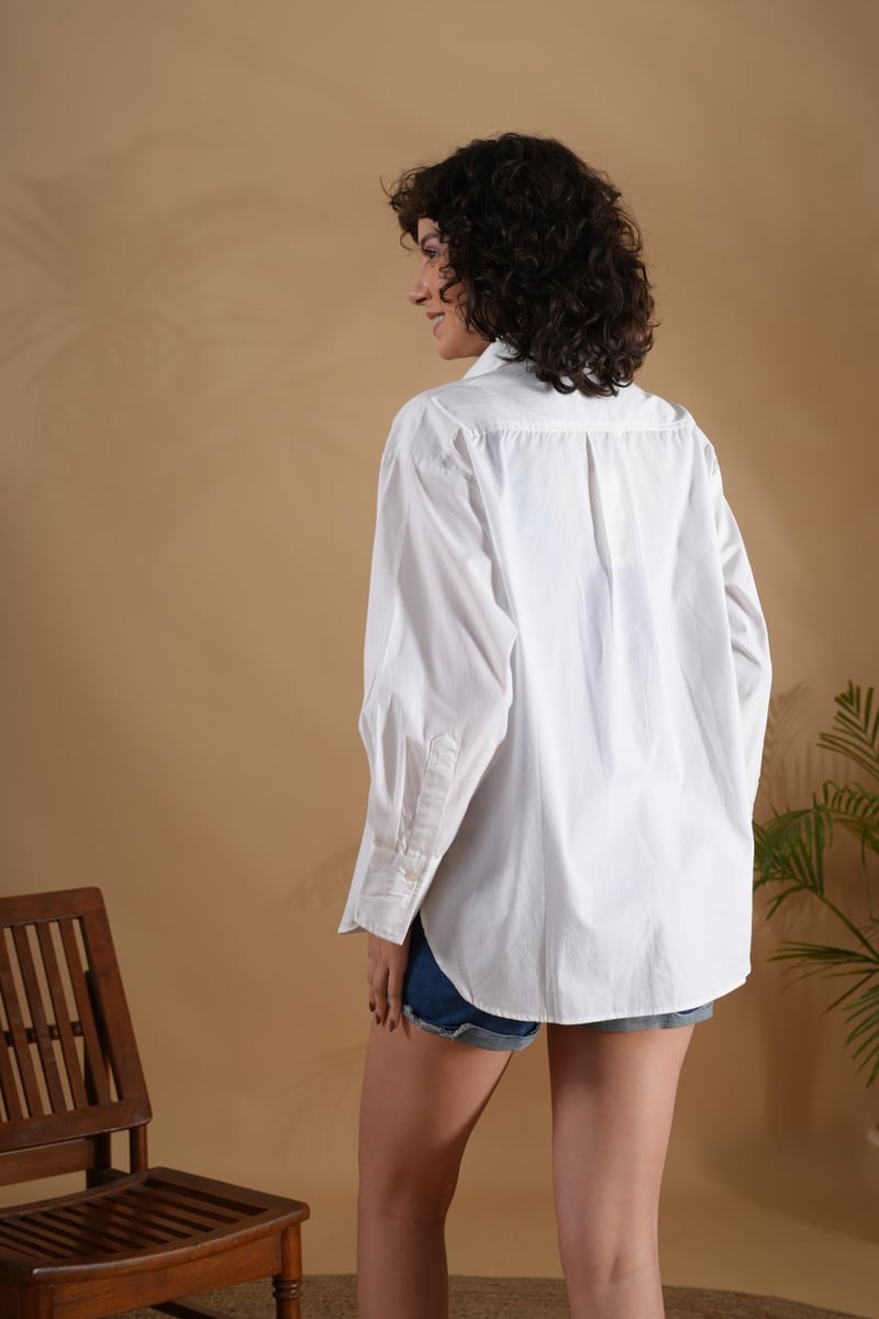 White Cotton Comfort-Fit Shirt with Cloud Embroidery