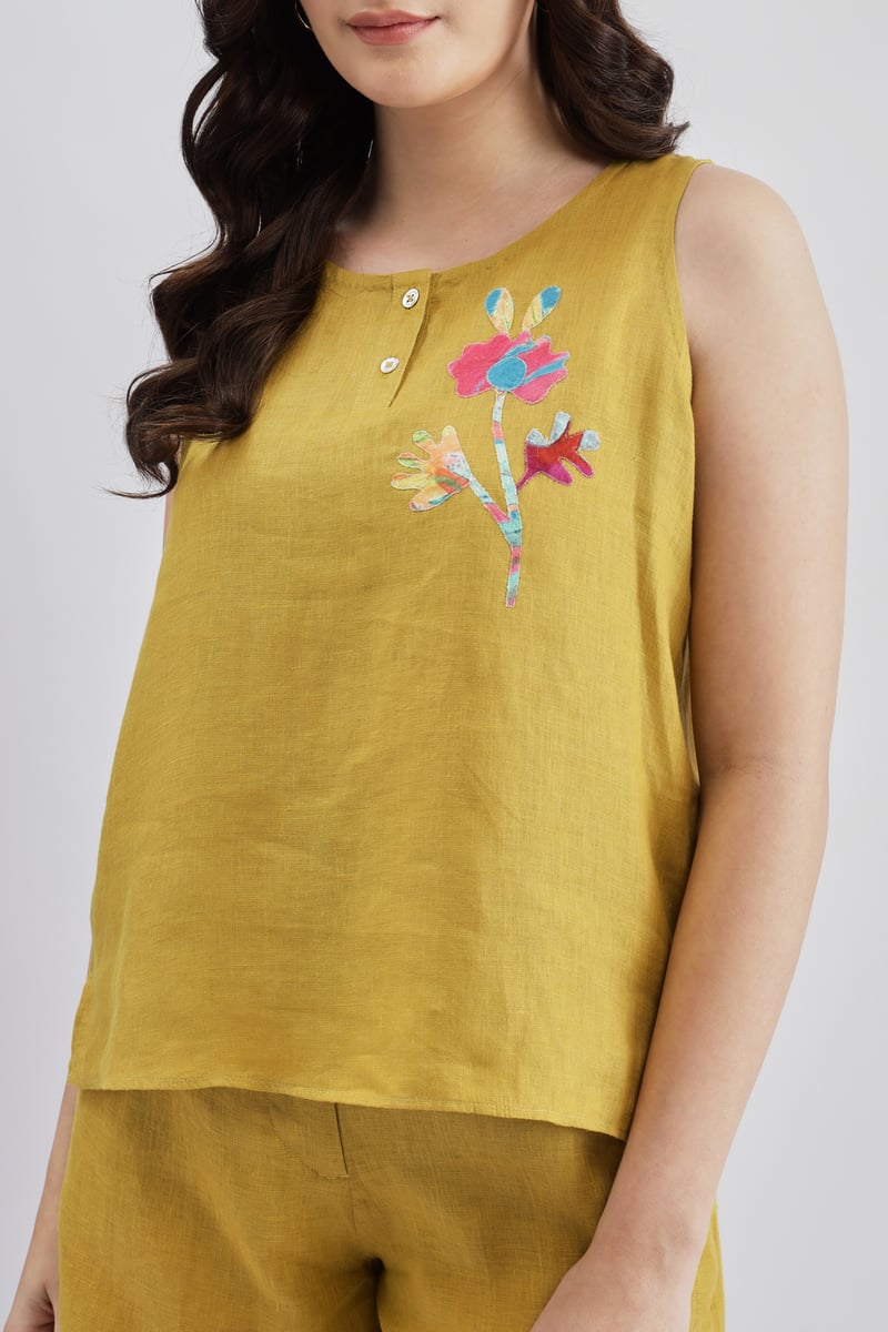 Lime Linen Sleeveless Top with Floral Embroidery