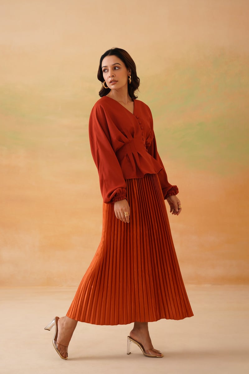 Rust V-Neck Button-Front Top and Pleated Maxi Skirt Set