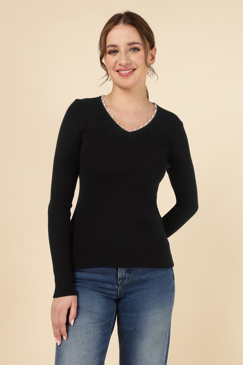 Black Rib-Knit V-Neck Sweater with Pearl Trim