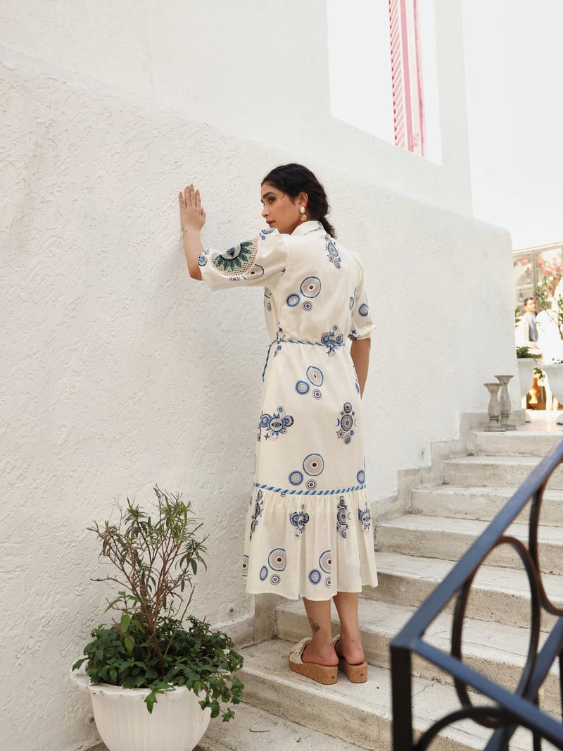 Green & Blue Sun & Moon Print Long Dress