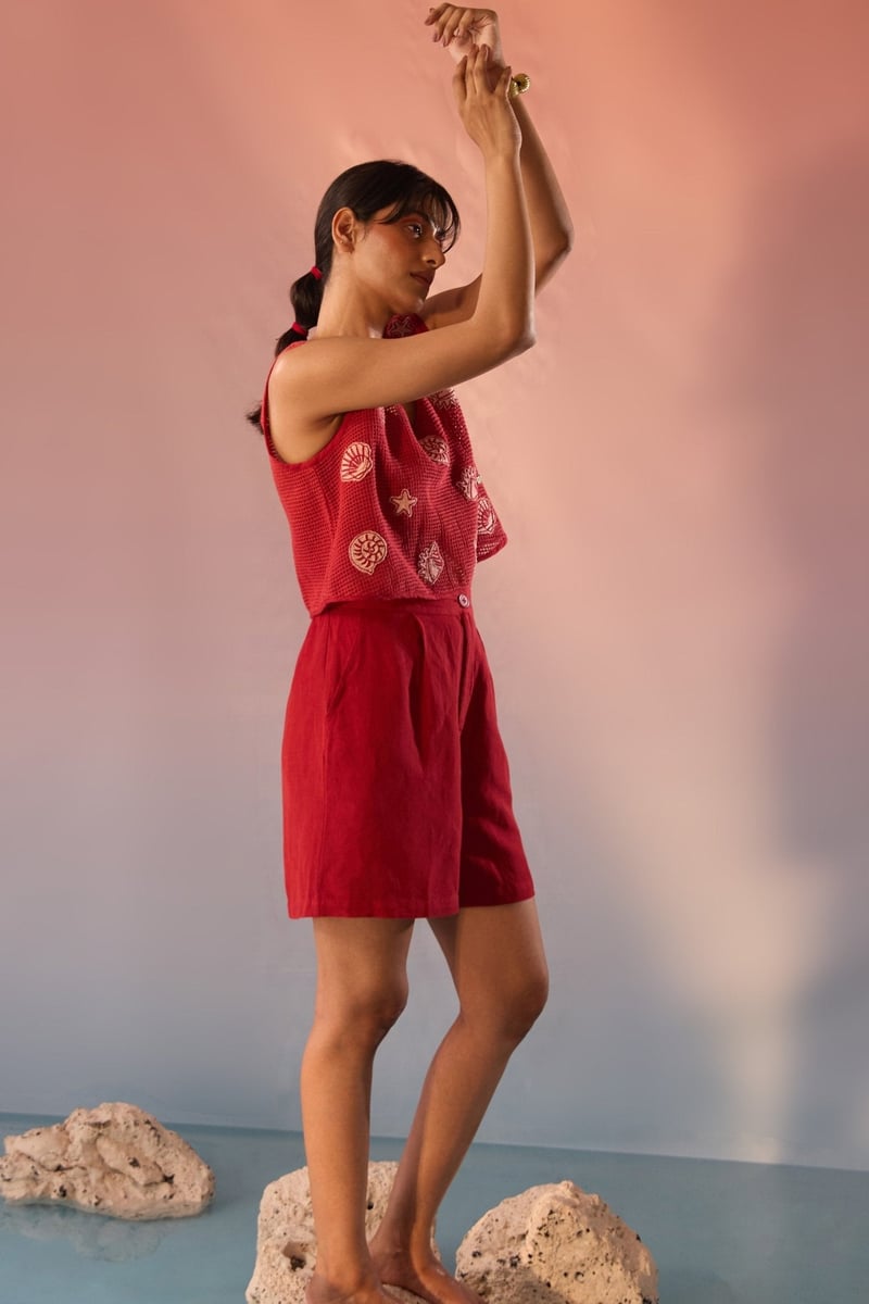Red Mesh Crop Top with Sea Motif Patches and Inner Top