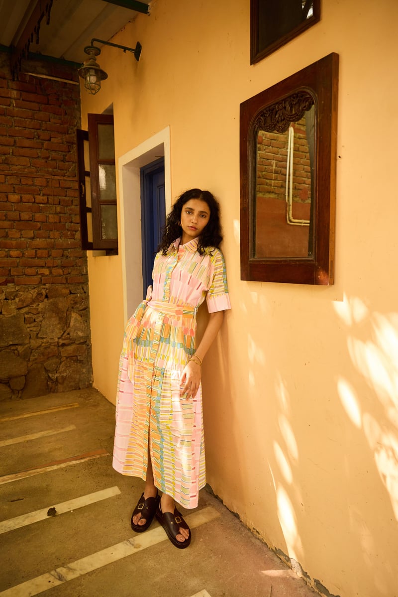 Multicolor Pastel Striped Maxi Shirt Dress with Belt