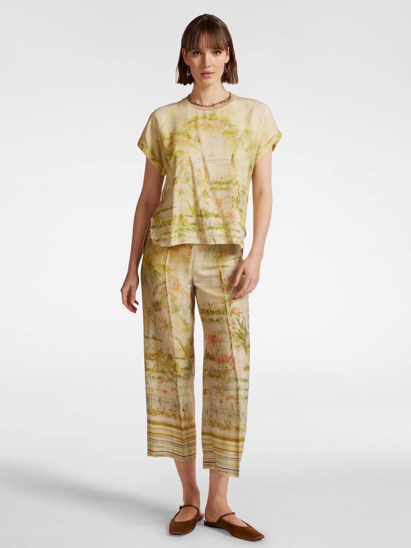 Beige Scenic Abstract Print Relaxed-Fit Boxy Top