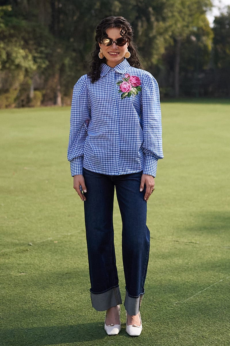 Blue Checked Cotton Shirt with Cross-Stitch Floral Motif