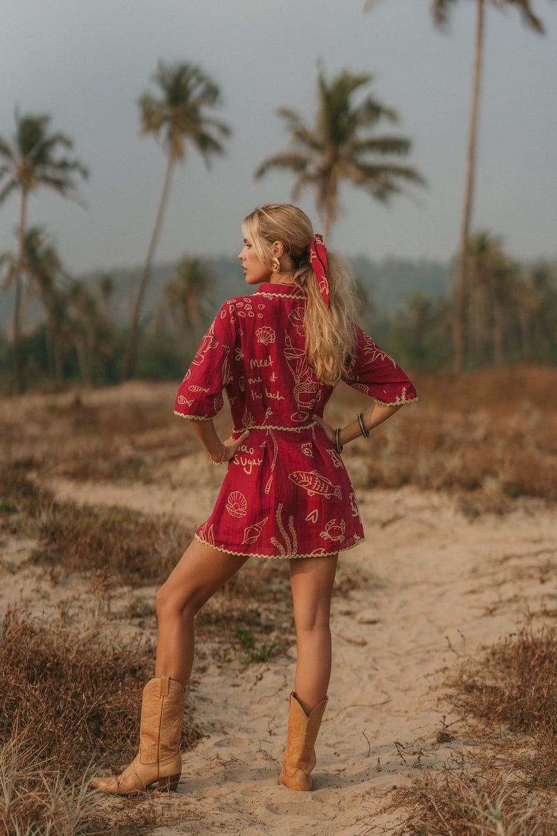 Red Printed Linen Button-Down Mini Shirt Dress