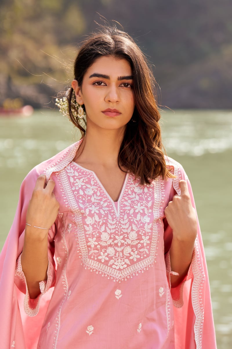 Pink Pure Cotton Embroidered Kurta Set with Dupatta