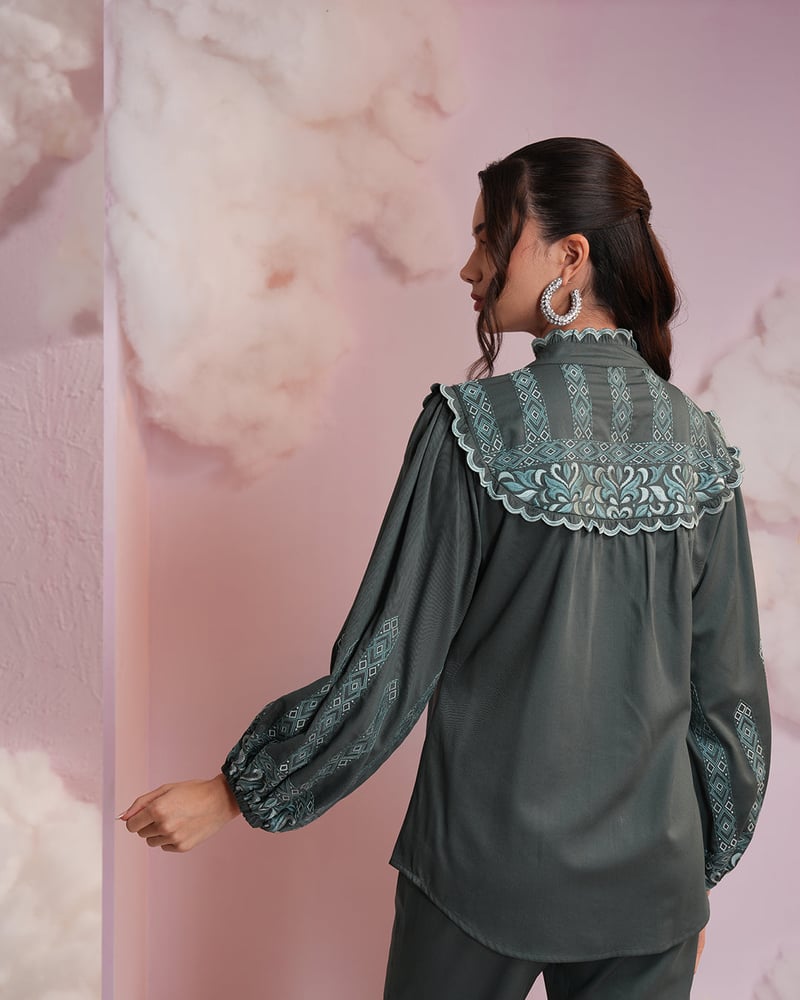 Bottle Green Embroidered Shirt and Flared Pants Co-ord Set