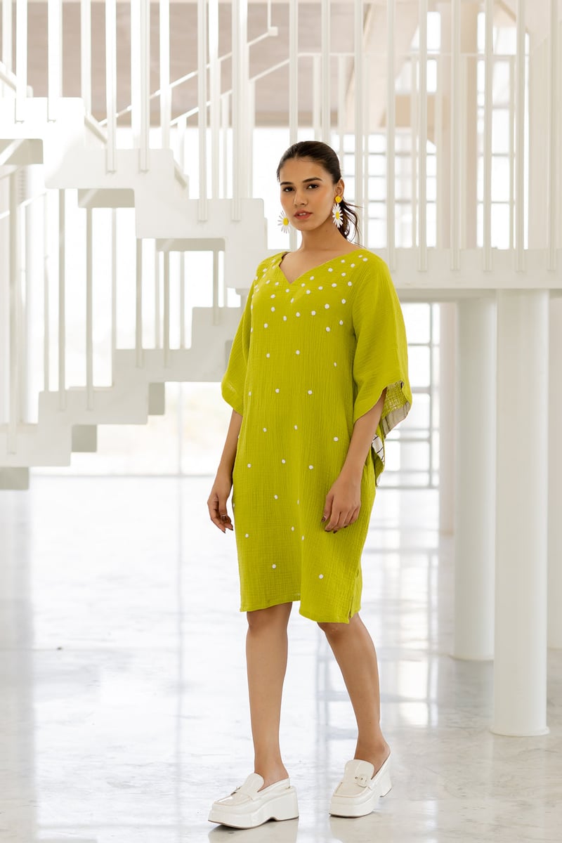 Green Straight Knee-Length Dress with Applique Dots