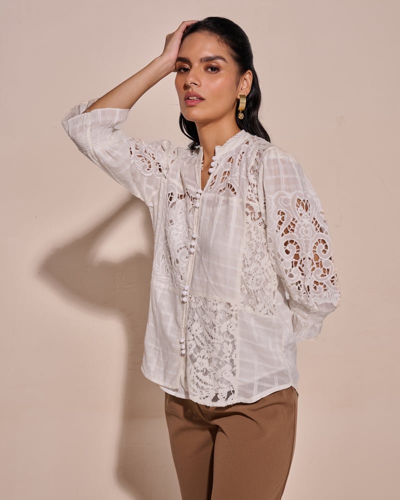 White Cotton Lace Insert Mandarin Collar Top
