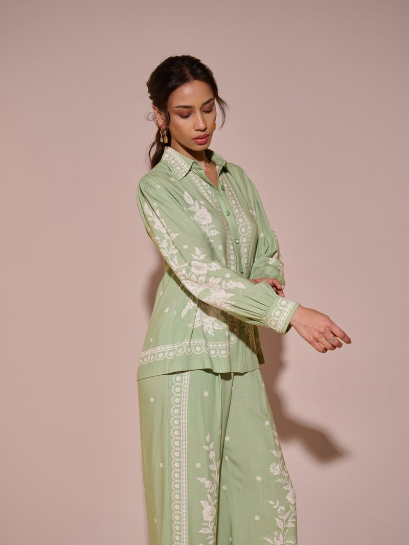 Green Floral Printed Cotton Button-Down Shirt