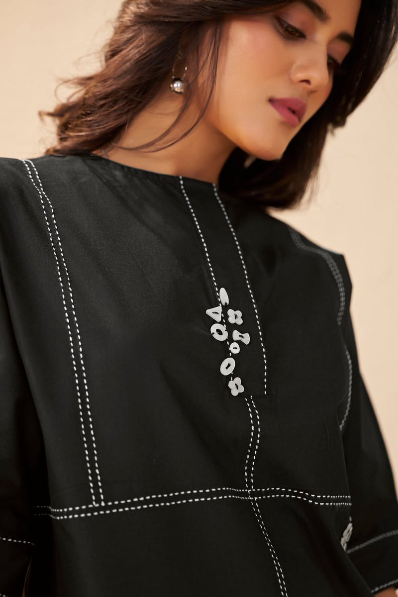 Black Poplin Co-ord Set with Contrast Stitching