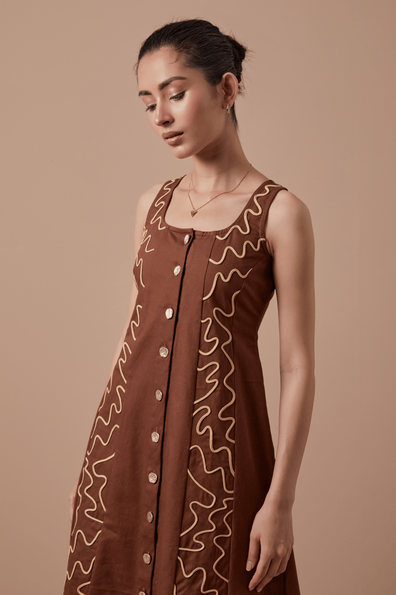 Brown A-Line Button-Down Midi Dress with Contrast Embroidery