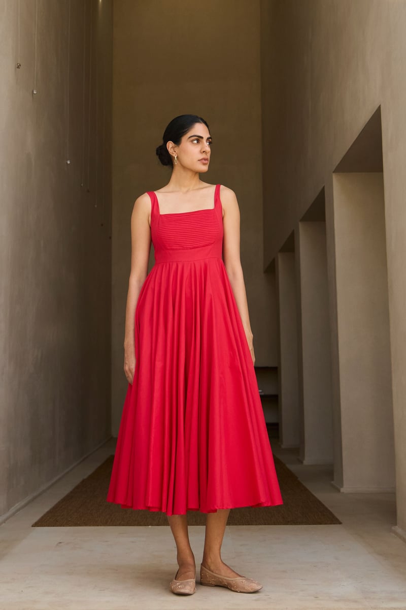 Red Cotton Cambric Fit and Flare Square Neck Midi Dress
