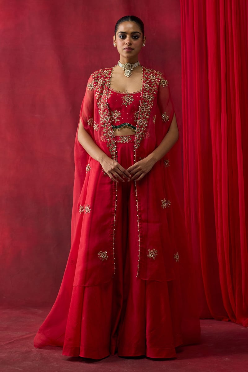 Red Embroidered Cape, Blouse and Sharara Co-ord Set