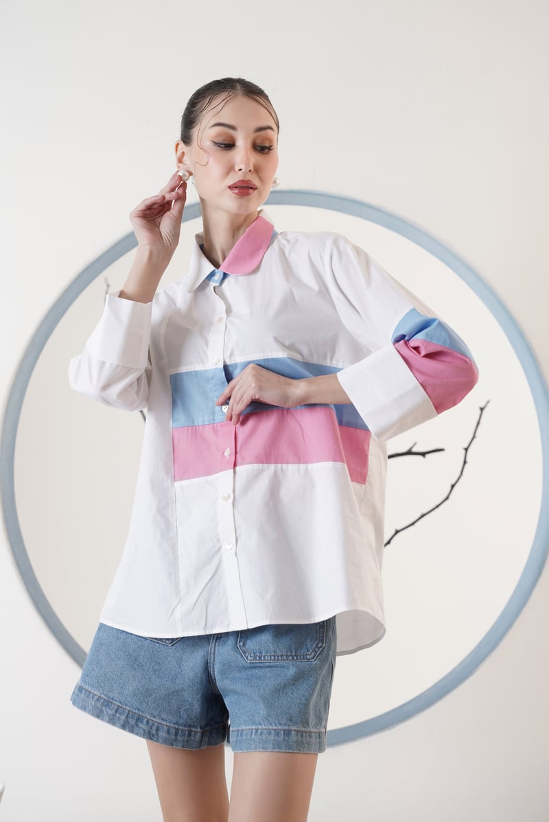 White Colourblock Button-Down Shirt with 3/4 Sleeves